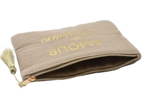 Trousse-Pochette-Coton-Taupe-Message-Amour-Toujours-Pompon-Dore