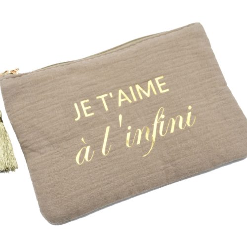 Trousse-Pochette-Coton-Taupe-Message-Je-Taime-a-Linfini-Pompon-Dore