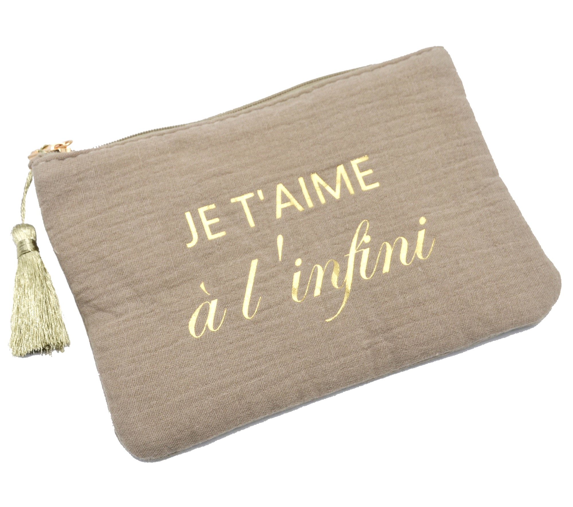 Trousse-Pochette-Coton-Taupe-Message-Je-Taime-a-Linfini-Pompon-Dore