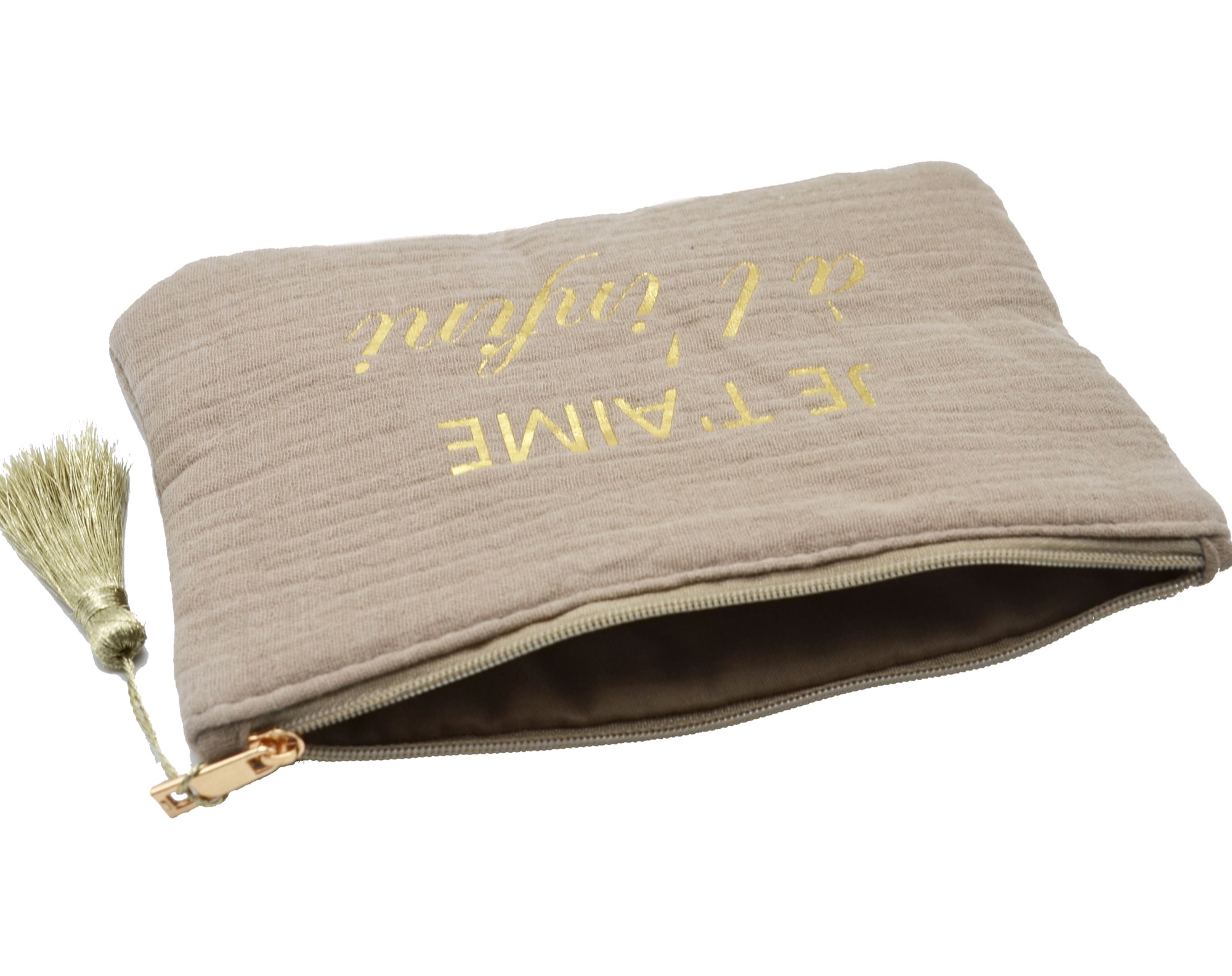 Trousse-Pochette-Coton-Taupe-Message-Je-Taime-a-Linfini-Pompon-Dore