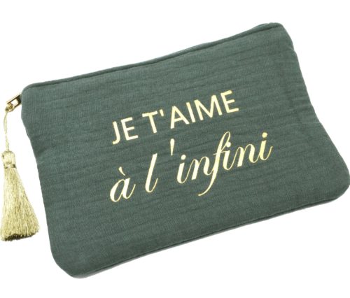 Trousse-Pochette-Coton-Vert-Gris-Message-Je-Taime-a-Linfini-Pompon-Dore
