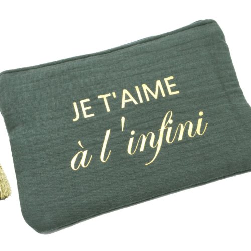 Trousse-Pochette-Coton-Vert-Gris-Message-Je-Taime-a-Linfini-Pompon-Dore