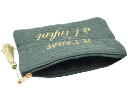 Trousse-Pochette-Coton-Vert-Gris-Message-Je-Taime-a-Linfini-Pompon-Dore