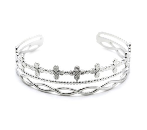 Bracelet-Manchette-3-Rangs-avec-Trefles-Billes-et-Boucles-Acier-Argente