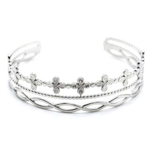 Bracelet-Manchette-3-Rangs-avec-Trefles-Billes-et-Boucles-Acier-Argente