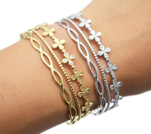 Bracelet-Manchette-3-Rangs-avec-Trefles-Billes-et-Boucles-Acier