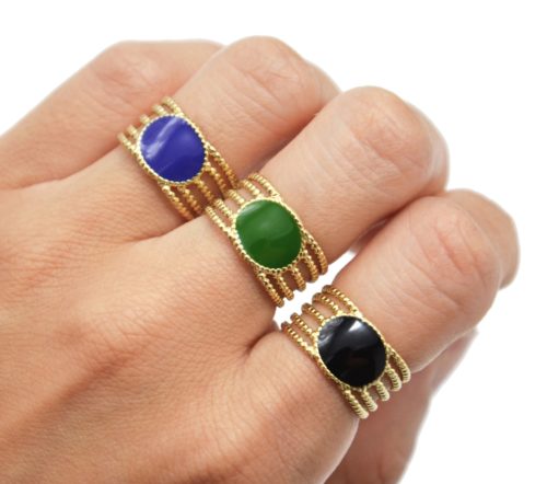 Bague-Large-Multi-Rangs-Billes-Acier-Dore-avec-Ovale-Email-Couleur