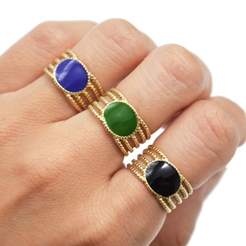 Bague-Large-Multi-Rangs-Billes-Acier-Dore-avec-Ovale-Email-Couleur