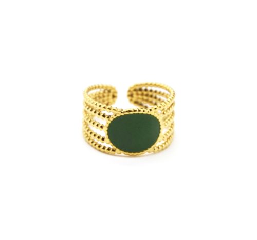 Bague-Large-Multi-Rangs-Billes-Acier-Dore-avec-Ovale-Email-Vert