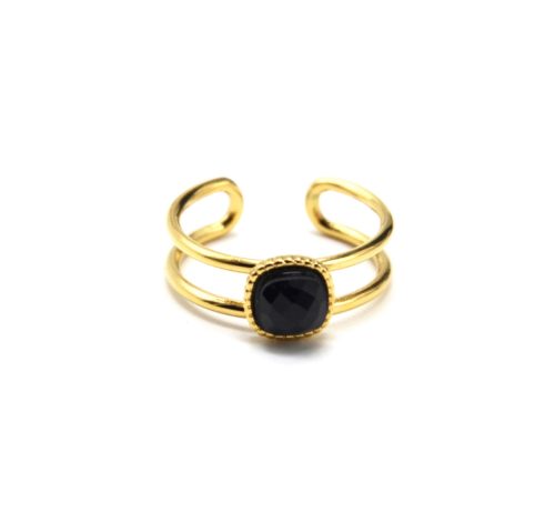 Bague-Double-Anneaux-Acier-Dore-avec-Pierre-Carree-Noire