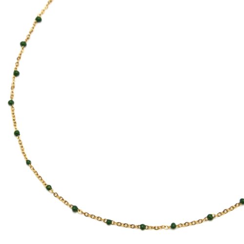 Collier-Fine-Chaine-Acier-Dore-et-Mini-Perles-Email-Vert