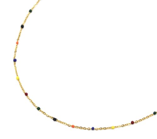 Collier-Fine-Chaine-Acier-Dore-et-Mini-Perles-Email-Multicolore
