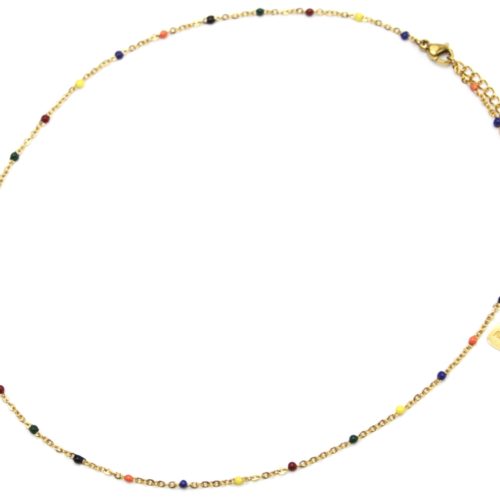 Collier-Fine-Chaine-Acier-Dore-et-Mini-Perles-Email-Multicolore