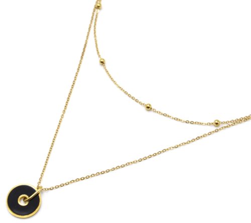 Collier-Double-Chaines-avec-Billes-Acier-Dore-et-Cercle-Contour-Email-Noir