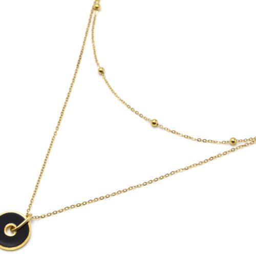 Collier-Double-Chaines-avec-Billes-Acier-Dore-et-Cercle-Contour-Email-Noir