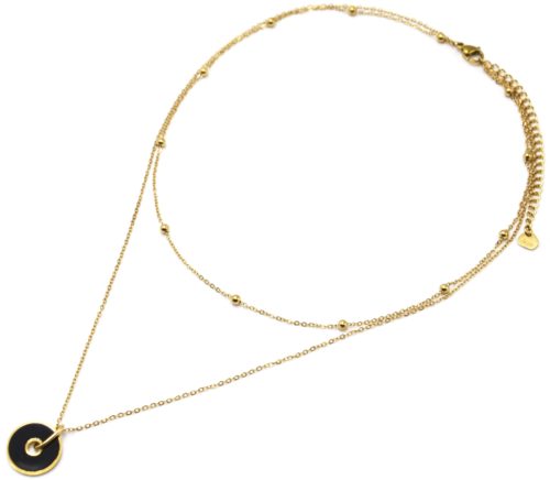 Collier-Double-Chaines-avec-Billes-Acier-Dore-et-Cercle-Contour-Email-Noir