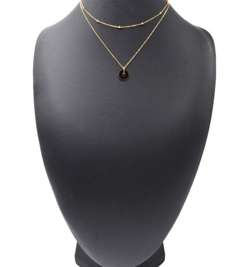 Collier-Double-Chaines-avec-Billes-Acier-Dore-et-Cercle-Contour-Email-Noir