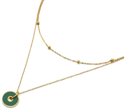 Collier-Double-Chaines-avec-Billes-Acier-Dore-et-Cercle-Contour-Email-Vert
