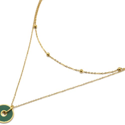 Collier-Double-Chaines-avec-Billes-Acier-Dore-et-Cercle-Contour-Email-Vert