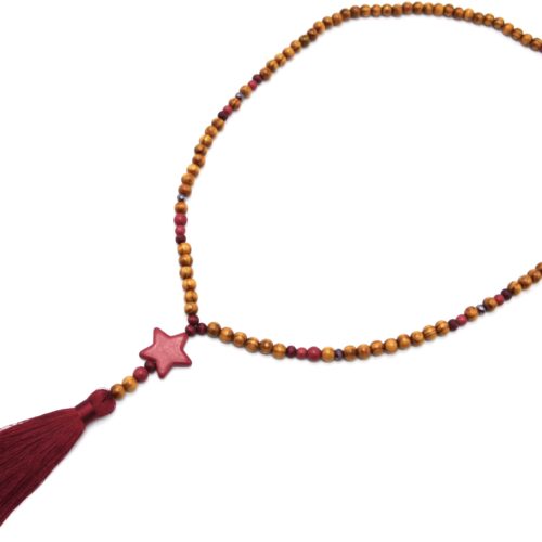 Sautoir-Collier-Perles-Bois-et-Effet-Marbre-avec-Pierre-Etoile-et-Pompon-Bordeaux