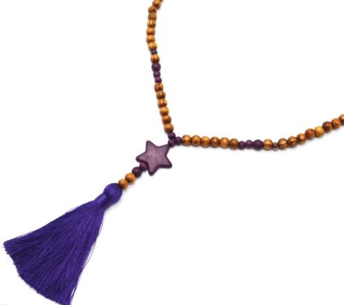 Sautoir-Collier-Perles-Bois-et-Effet-Marbre-avec-Pierre-Etoile-et-Pompon-Violet