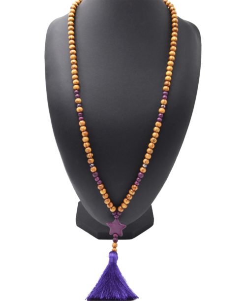 Sautoir-Collier-Perles-Bois-et-Effet-Marbre-avec-Pierre-Etoile-et-Pompon-Violet