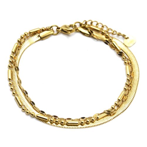 Bracelet-Triple-Chaines-Serpentine-Billes-et-Maillons-Acier-Dore