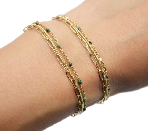 Bracelet-Triple-Chaines-Serpent-Ronde-Maillons-Acier-Dore-et-Perles-Email-Couleur