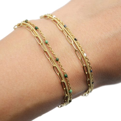Bracelet-Triple-Chaines-Serpent-Ronde-Maillons-Acier-Dore-et-Perles-Email-Couleur