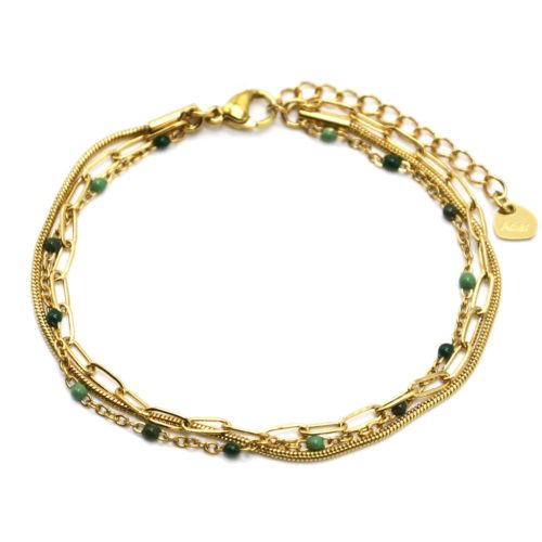Bracelet-Triple-Chaines-Serpent-Ronde-Maillons-Acier-Dore-et-Perles-Email-Vert