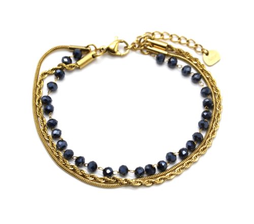 Bracelet-Triple-Chaines-Serpent-Ronde-Torsadee-Acier-Dore-et-Perles-Bleu-Nuit