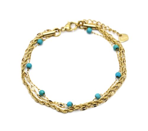 Bracelet-Triple-Chaines-Torsade-Maillons-Acier-Dore-et-Pierres-Turquoises
