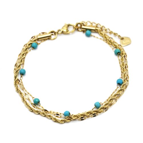 Bracelet-Triple-Chaines-Torsade-Maillons-Acier-Dore-et-Pierres-Turquoises
