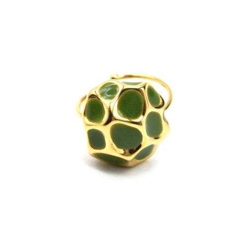 Bague-Anneau-Acier-Dore-avec-Carapace-Ecailles-Email-Vert