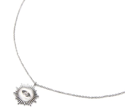 Collier-Fine-Chaine-avec-Soleil-Acier-Argente-et-Oeil-Strass