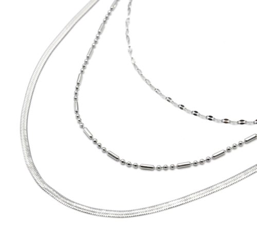 Collier-Triple-Chaines-Serpentine-Billes-et-Maillons-Acier-Argente