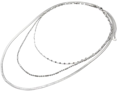 Collier-Triple-Chaines-Serpentine-Billes-et-Maillons-Acier-Argente