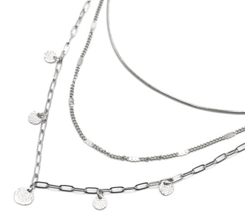 Collier-Triple-Chaines-Serpent-Ronde-Maillons-et-Pampilles-Martelees-Acier-Argente