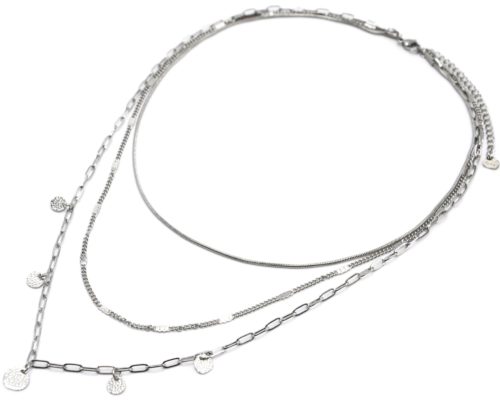 Collier-Triple-Chaines-Serpent-Ronde-Maillons-et-Pampilles-Martelees-Acier-Argente