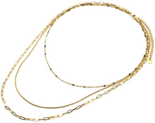 Collier-Triple-Chaines-Serpent-Ronde-Maillons-Acier-Dore-et-Perles-Email-Noir-Blanc