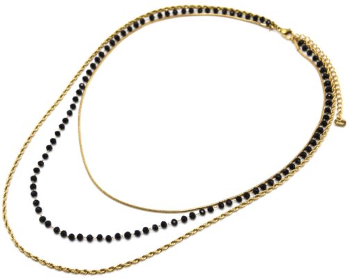 Collier-Triple-Chaines-Serpent-Ronde-Torsadee-Acier-Dore-et-Perles-Noires