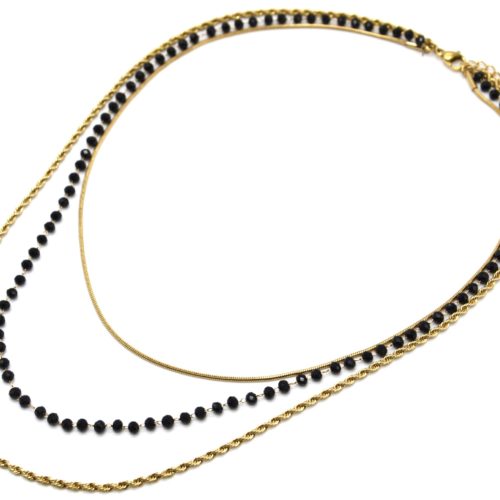 Collier-Triple-Chaines-Serpent-Ronde-Torsadee-Acier-Dore-et-Perles-Noires