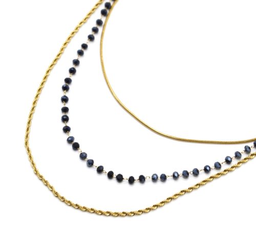 Collier-Triple-Chaines-Serpent-Ronde-Torsadee-Acier-Dore-et-Perles-Bleu-Nuit