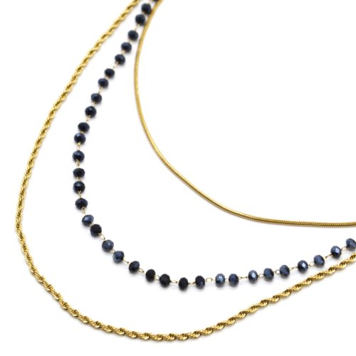 Collier-Triple-Chaines-Serpent-Ronde-Torsadee-Acier-Dore-et-Perles-Bleu-Nuit