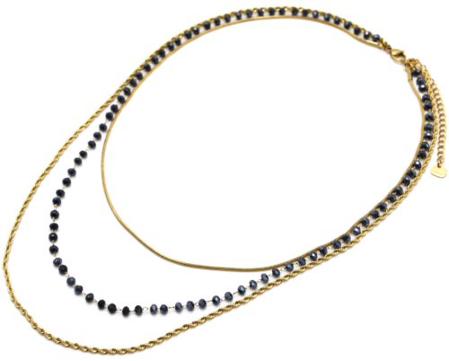 Collier-Triple-Chaines-Serpent-Ronde-Torsadee-Acier-Dore-et-Perles-Bleu-Nuit