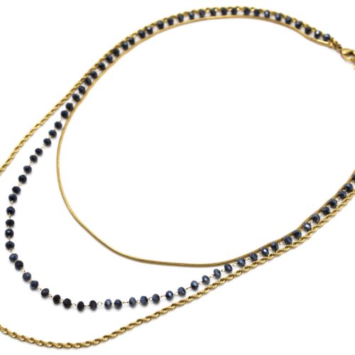 Collier-Triple-Chaines-Serpent-Ronde-Torsadee-Acier-Dore-et-Perles-Bleu-Nuit