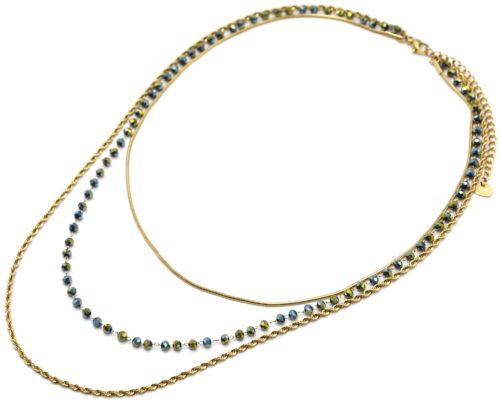 Collier-Triple-Chaines-Serpent-Ronde-Torsadee-Acier-Dore-et-Perles-Vertes