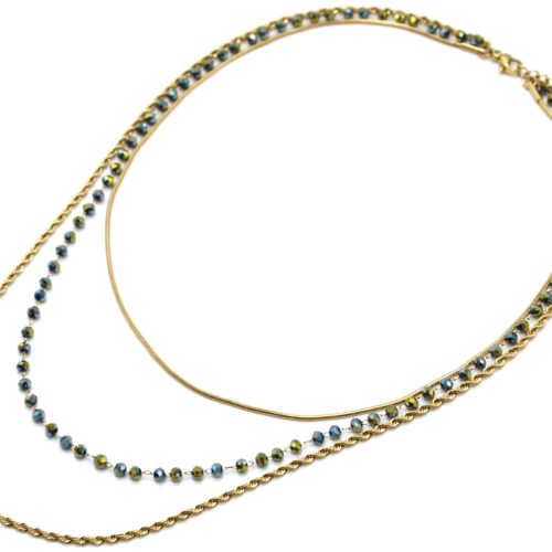 Collier-Triple-Chaines-Serpent-Ronde-Torsadee-Acier-Dore-et-Perles-Vertes