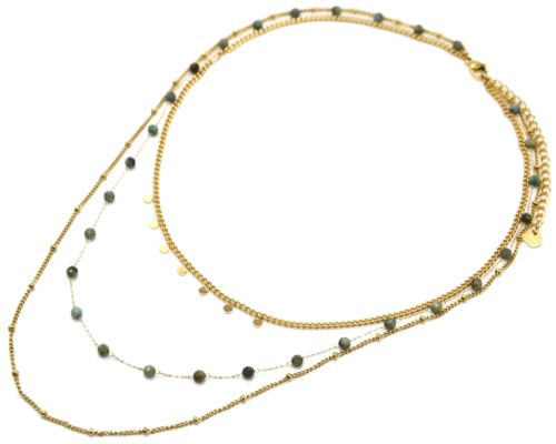 Collier-Triple-Chaines-Serpent-Ronde-Maillons-Acier-Dore-et-Pierres-Vertes