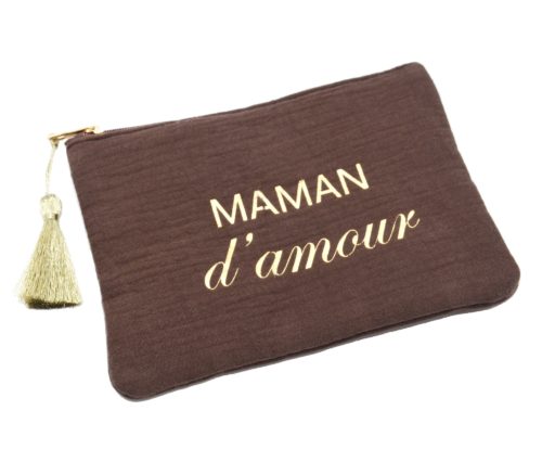 Trousse-Pochette-Coton-Marron-Message-Maman-dAmour-Pompon-Dore